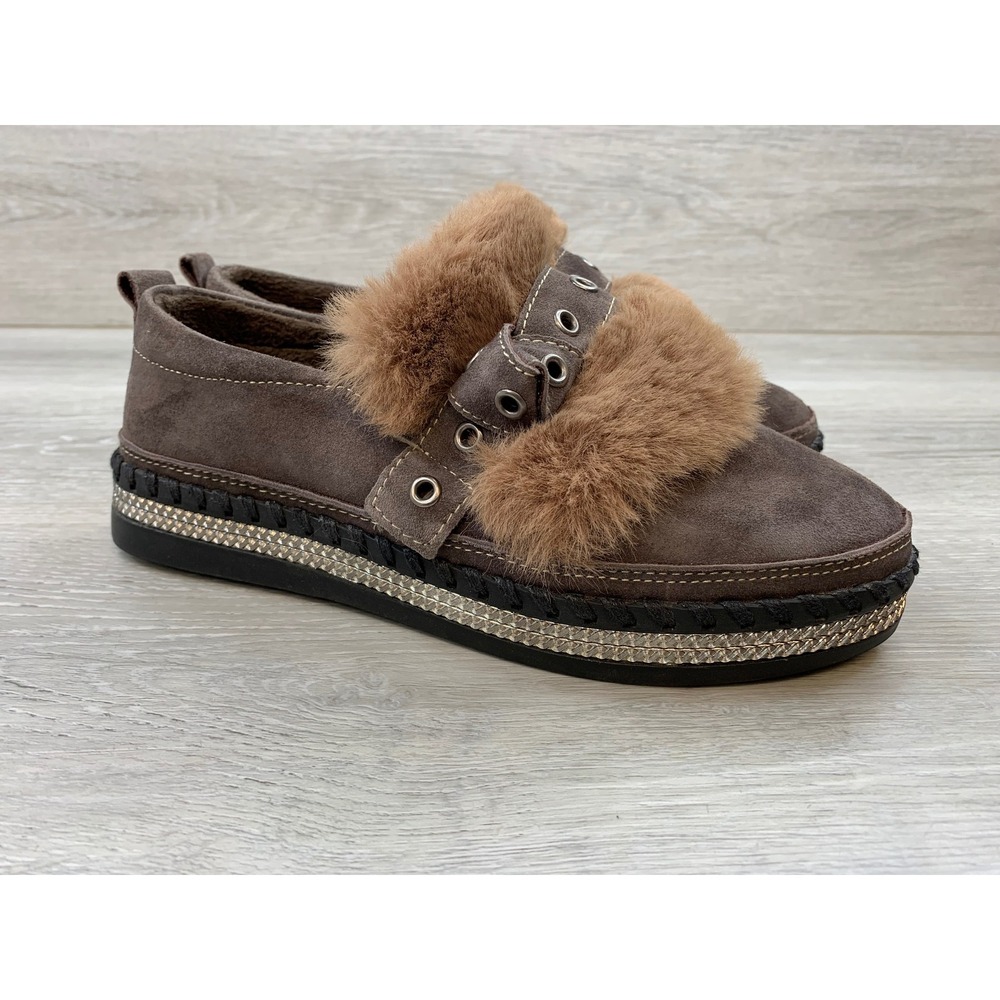 Bernie Mev Women's Faux Fur Trim Suede Loafers Brown Platform 10 Comfort Shoes